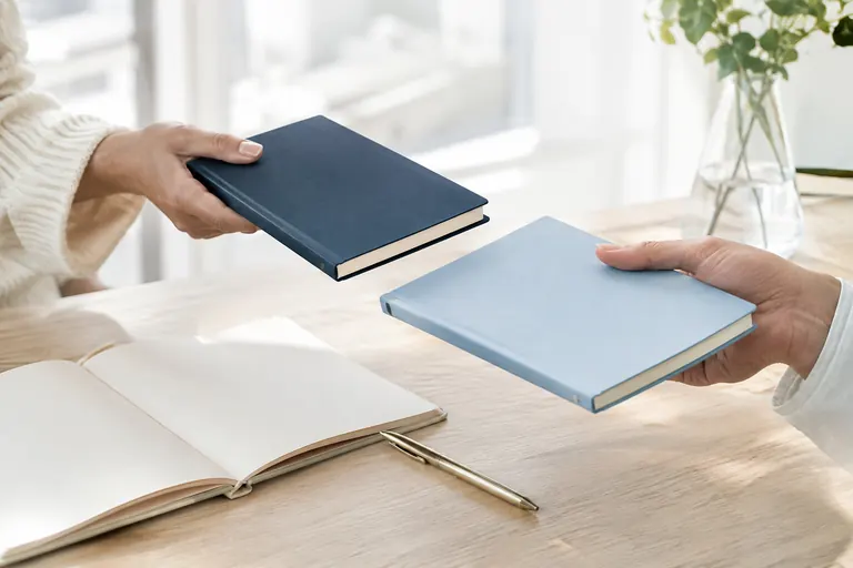 Deux mains échangeant des carnets marine et bleu clair, choix entre interne et externe