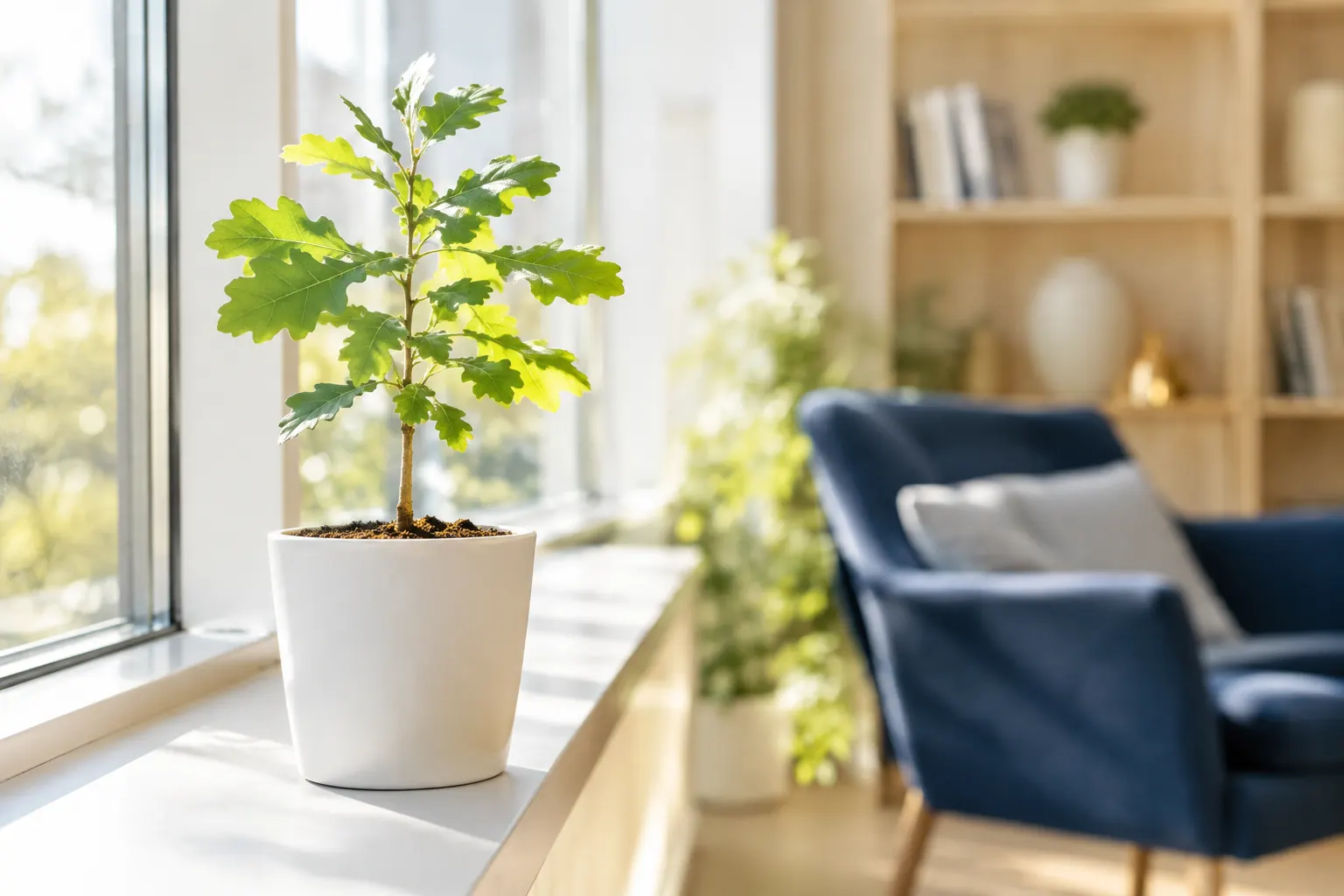 Jeune chêne en pot sur un rebord de fenêtre ensoleillé, symbole de ce qu’est le SEO durable en entreprise