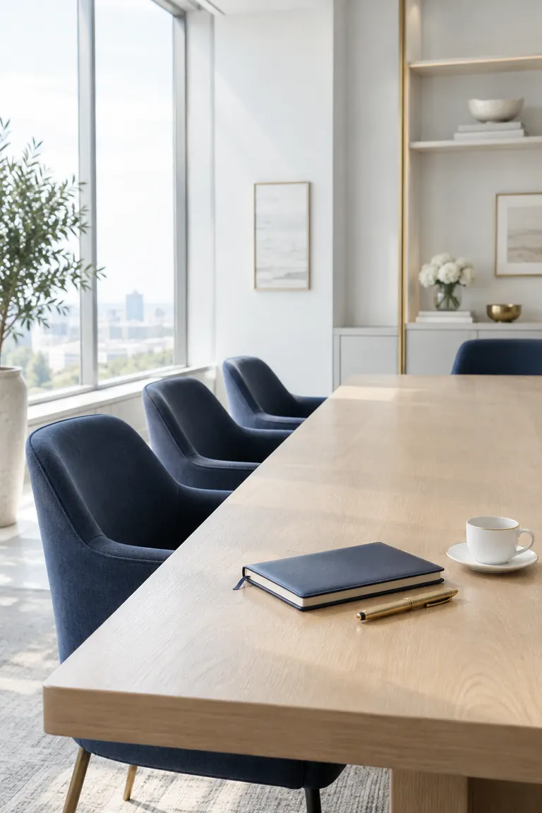 Salle de direction lumineuse avec table en chêne, carnet marine et stylo doré